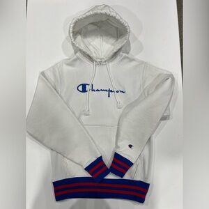 Champion Reverse Weave White Hoodie with Blue and Red Accents
